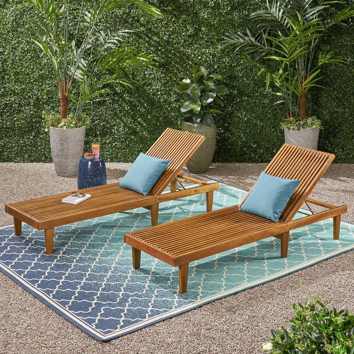 Outdoor Wooden Chaise Lounge, Set of 2 with Teak Finish