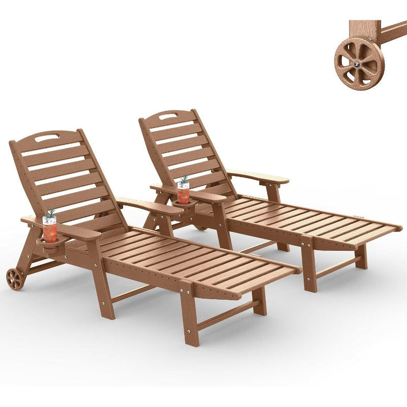 2‑Piece HDPE Patio Chaise Lounge, Teak Woodgrain