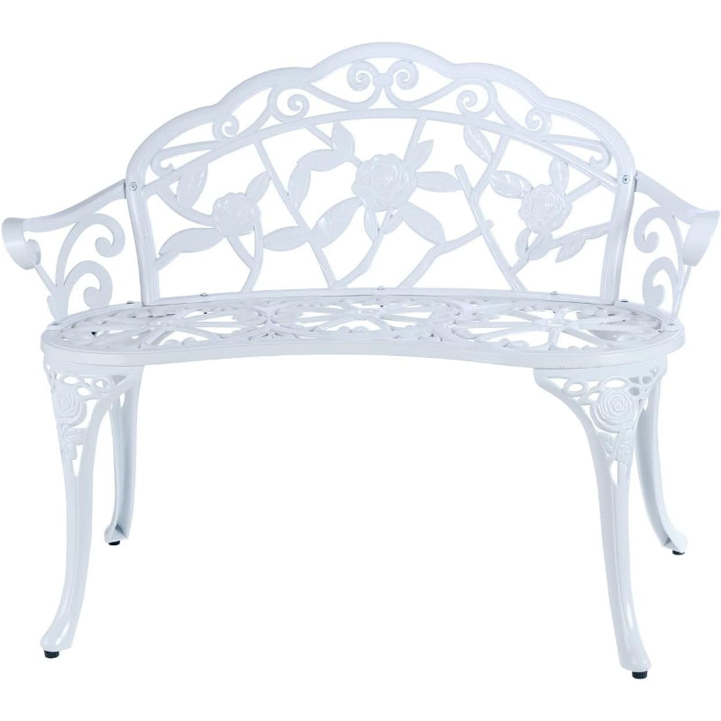 Cast Aluminum Floral Rose Outdoor Bench, White