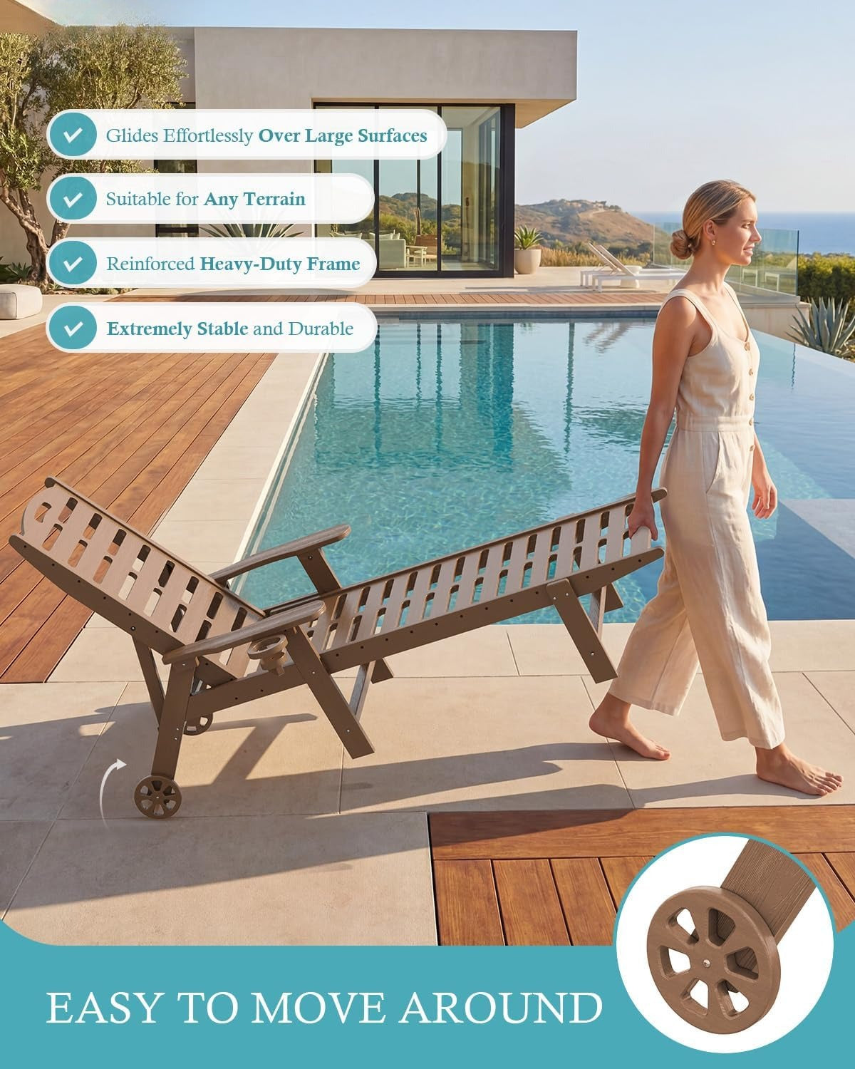 HDPE Patio Chaise Lounge, 350‑Lbs, Teak