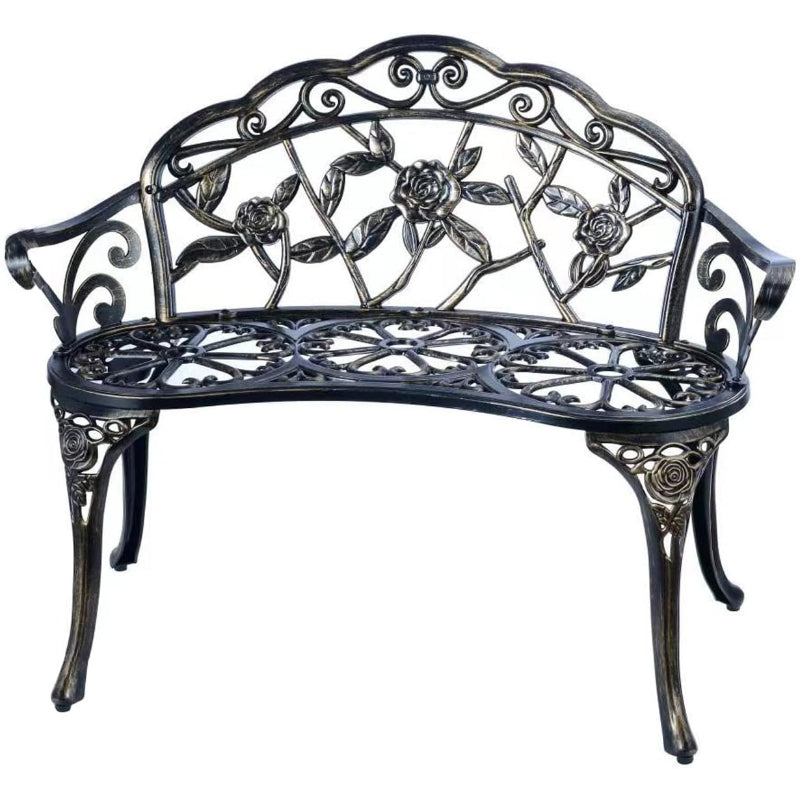 Cast Aluminum Floral Rose Outdoor Bench, Copper