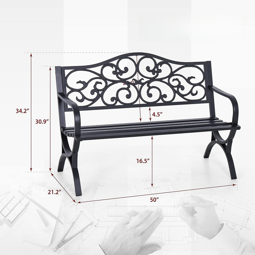 50" Floral Black Outdoor Patio Garden Bench