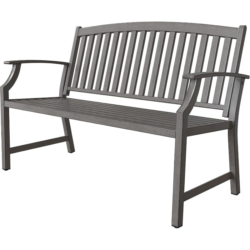 Farmhouse Faux Wood Grain Aluminum Bench, Gray